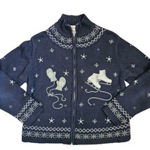 Y2K Womens Navy Blue Cardigan Medium Novelty Ice Skate Fair Isle Beaded ... - £29.78 GBP