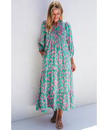 Green Abstract Print Puff Sleeve Tied Notched Neck Long Dress - $41.26 CAD