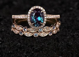 Vintage Alexandrite Engagement Ring,Halo Diamond Ring Set Art Deco Bridal Set - £101.59 GBP