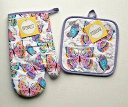 Spring Butterflies Butterfly Cotton 2-Piece Potholder and Oven-mitt Set Colorful - £17.53 GBP