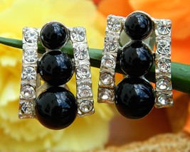 Vintage black silver clip earrings rhinestones graduated faux pearl thumb200