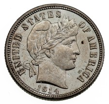 1914-D 10C Barber Dime Choix Bu W/Complet Mint Luster Et Excellent Oeil ... - $155.91