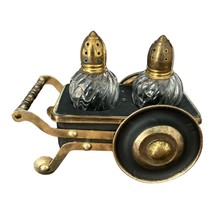 Vintage 1950s Brass &amp; Glass Salt and Pepper Shaker Set in Wheelbarrow Ca... - $25.00
