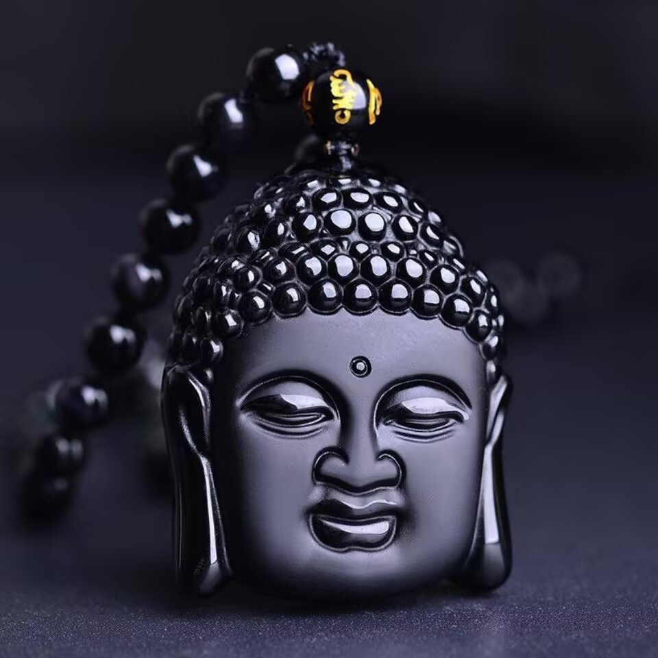 Black Obsidian Buddha’s Serenity Pendant with Mantra Bead Amulet - $30.00