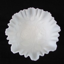 VTG. Imperial Glass White Satin Milk Glass Bowl Embossed Roses Crimped E... - $21.78