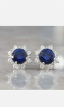 4Ct Round Simulated Sapphire &amp; Diamond Stud Earrings 14k White Gold Plated - £61.10 GBP