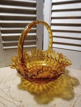 Vintage Colonial Thumbprint Fenton Amber Glass Basket 1960s ruffled edge 8” - £15.44 GBP