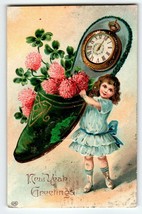 New Year Postcard Girl holds Giant Shoe Clock With Flowers 1910 EAS Germany - $10.69