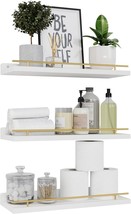 Wopitues Floating Shelves With Gold Metal Guardrail, Shelves For, White And Gold - £27.65 GBP