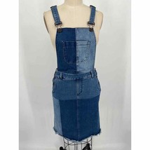 Ochirly Overall Skirt Sz M Blue Colorblock Denim Straight Raw Hem - £18.49 GBP