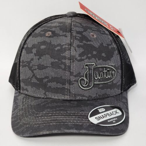 Primary image for Justin Camo Snapback Hat Grey and Black with Charcoal Logo Cap Mesh-Back NWT 