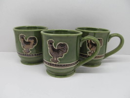 Cracker Barrel Elegant Rooster Set Of 3 Green 4&quot; X 3 3/4&quot; Mugs  EUC - £29.54 GBP