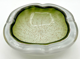 Vintage Murano Art Glass Ashtray Bowl Green Gold Glitter Swirl U256 - £63.94 GBP