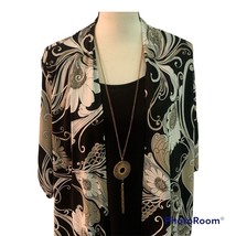 Espresso Womens Floral Top Size L Black White 3/4 Sleeve Necklace Attached - £13.86 GBP
