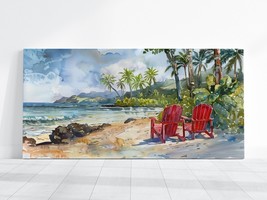 Hawaii Beach Relaxation Art, Chairs on Beach Watercolor Painting, Vintage Ocean - £19.78 GBP+