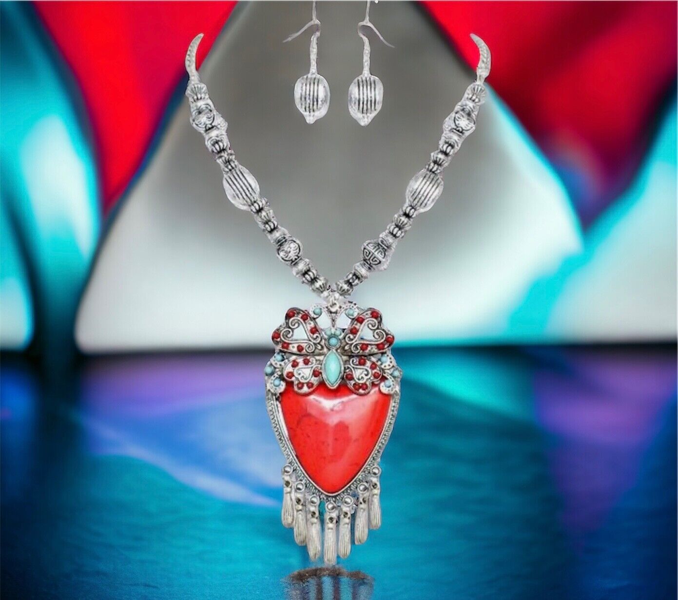 Blue Butterfly Pendant Red Imitation Coral Heart Charms Silvertone Necklace Set - £16.07 GBP