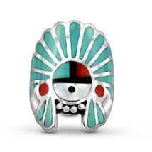 Native American Headdress Green Turquoise and Red Coral Inlay Ring - 10 - £29.25 GBP