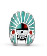 Native American Headdress Green Turquoise and Red Coral Inlay Ring - 10 - £29.02 GBP