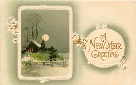 DB Embossed Postcard E443 A New Year Greeting Cottage Full Moon Snow Ger... - £4.58 GBP