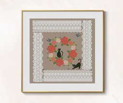 Cat cross stitch sampler pattern pdf - Roses cross stitch black cats whitework  - £5.42 GBP