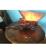 Vintage  WESTERN Wood Covered Wagon TV Table Lamp Draw Hitch Switch 24&quot; L - £74.53 GBP