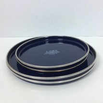 Set Four Blue Art Deco Tin Metal Dinner and Salad Plates Dish Linex by Himark - £11.19 GBP
