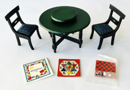 Miniature Dollhouse Game Table with Lazy Susan 2 Chairs 3 Games Green &amp; Black - £36.91 GBP