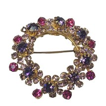 Vintage Made in Austria Purple And Pink Rhinestone Gold Tone Brooch Gaud... - $29.91