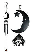 Wicca Witchcraft Crescent Moon Face with Star Coated Steel Metal Wind Chime - £13.94 GBP