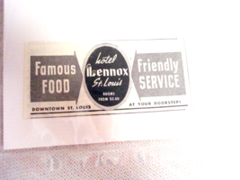 1942 Ad Hotel Lennox St. Louis, Mo. Rooms For $3.00 Famous Food Friendly Service - £6.28 GBP