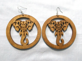 Wooden Elephant Head Cut Out XL Light Brown Rounds 3 3/4&quot; Long Pair of Earrings - £5.86 GBP