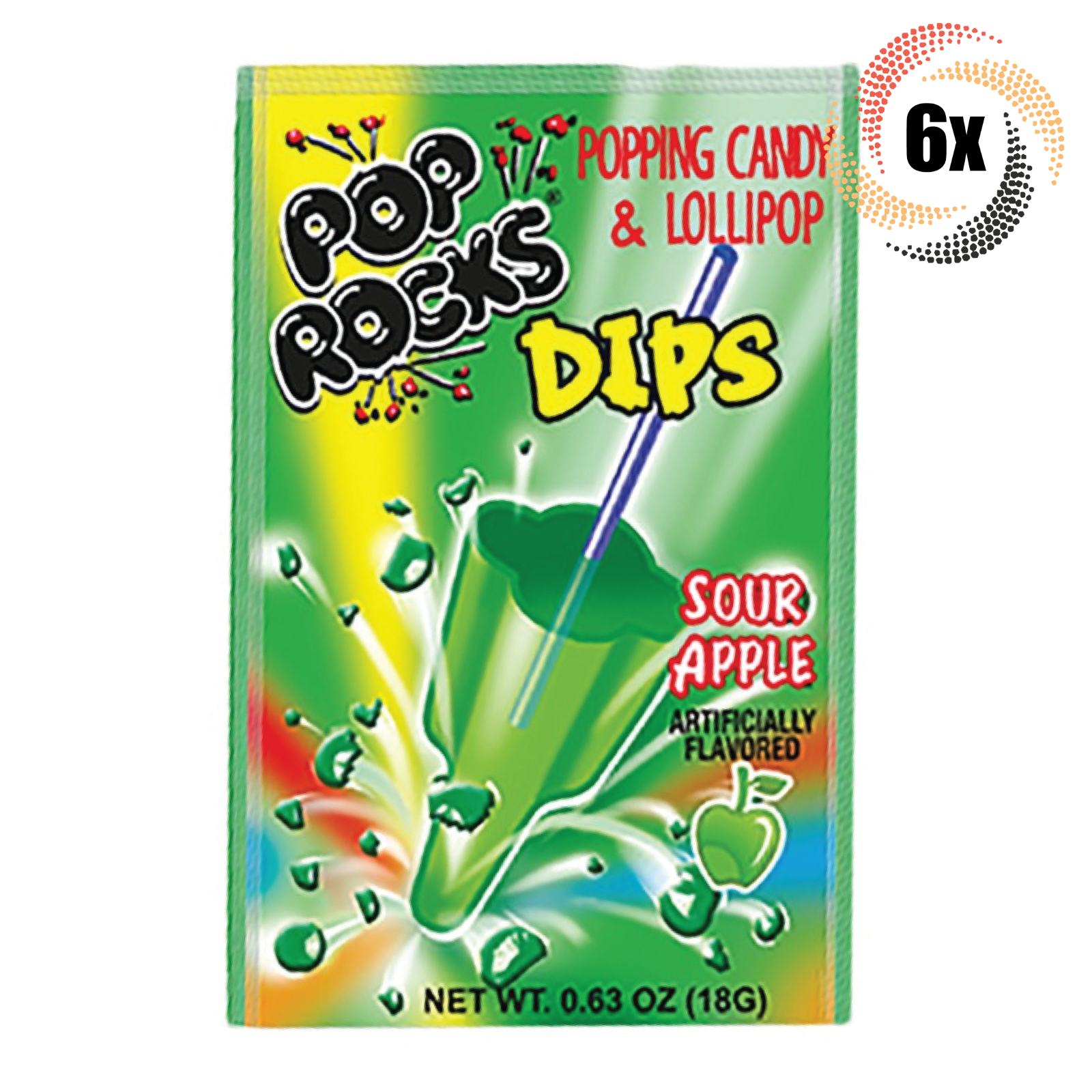 Primary image for 6x Packs Pop Rocks Dips Green Apple Popping Candy With Lollipop | .63oz