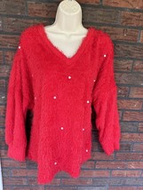 Red Furry V-Neck Sweater Extra Large Pearl Accents Long Sleeve Pullover ... - £14.95 GBP