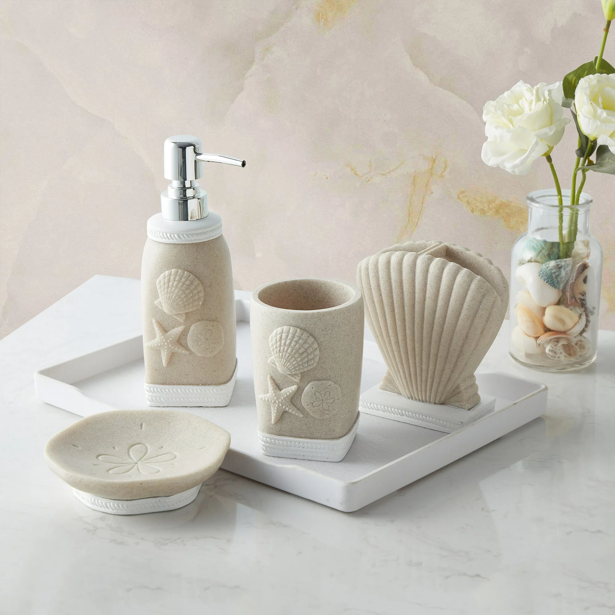 Sweet Home Collection Coastal Shell Bath Accessory Collection 4 Piece Bathroom S - £22.02 GBP