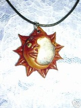 HAND MADE TERRA COTTA CLAY SUN &amp; CRESCENT MOON w CLEAR GLASS PENDANT NEC... - €6,89 EUR