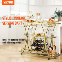 VEVOR 3 Tiers Gold Metal Bar Serving Cart with Wine Rack Glass Holder 18... - £105.28 GBP
