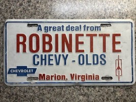 Vintage Robinette Chevy Olds Dealer License Plate Metal Tag Marion Virginia Va - £38.25 GBP