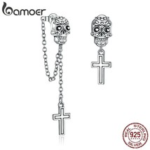 Authentic 925 Sterling Silver Skull with Cross Stud Earrings for Women Silver ea - $25.77