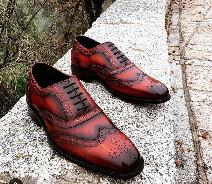 New Men Red Black Burnished Brogue Toe Wing Tip Oxford Genuine Leather Shoes