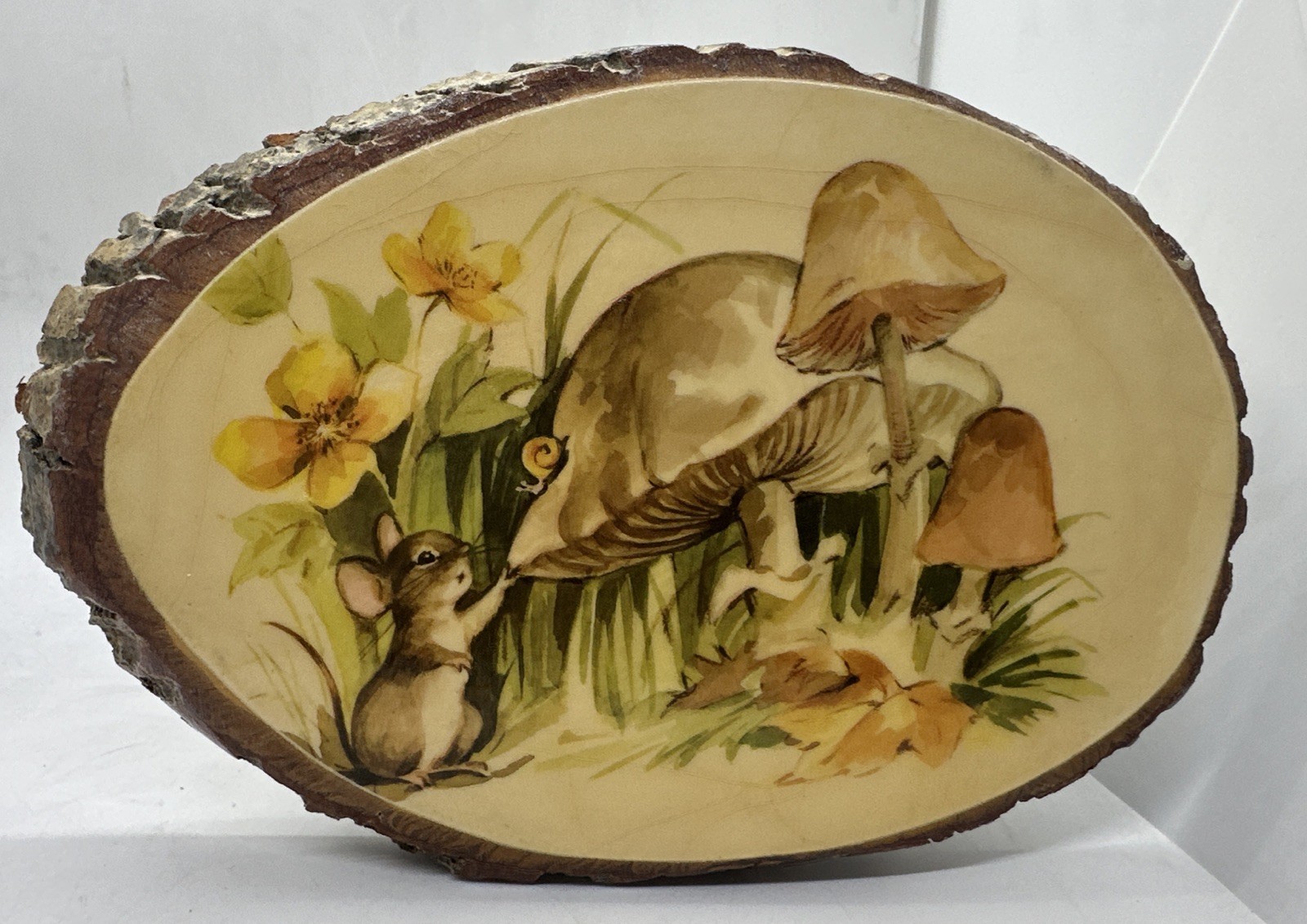 Vintage Wood Tree Mouse with Mushrooms Bark Wall Art Cottagecore - £29.82 GBP