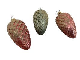 Set Of 3 Vintage Mercury Glass Glitted Pine Cones Pink &amp; Blue 3” - £18.20 GBP