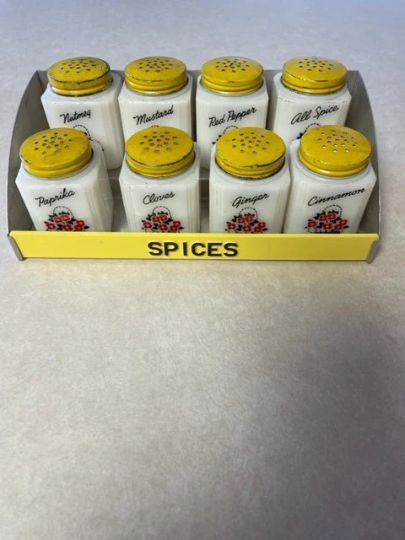  Vintage Cornucopia sunburst spice jars with metal rack, new vinyl art d... - $109.00