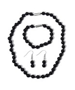 Enhanced Black Agate Bead StainSteel Bracelet (7.5&quot;) Earrings &amp; Necklace... - £15.39 GBP