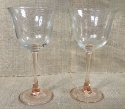Rose Pink Or Peach Stem Wine Glass Set Of Two w Clear Bowl Classy MCM - $15.84