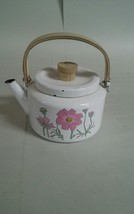 001B Vintage Enamelware Tea Pot Metal Floral Design Pink Flowers - $11.99