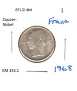 Belgium 1 Franc, 1968, copper-nickel, KM 143.1 - $1.37 CAD