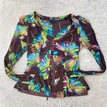 y2k Betsey Johnson 90 2000 VTG Palm Floral Button Sheer Silk Top cardigan layer - £34.36 GBP