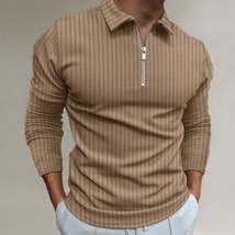 Men&#39;s solid color zipper striped long-sleeved POLO shirt - £23.99 GBP
