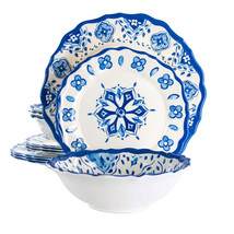 Elama Blue Garden 12 Piece Scalloped Lightweight Melamine Dinnerware Set... - $64.24