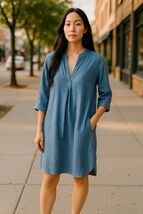 Garnet Hill Womens Blue &amp; White Striped 100% Linen Tunic Dress V-Neck 3/... - €34,27 EUR
